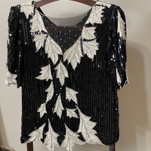 Vintage Silk Sequins Top with Leaf Design,